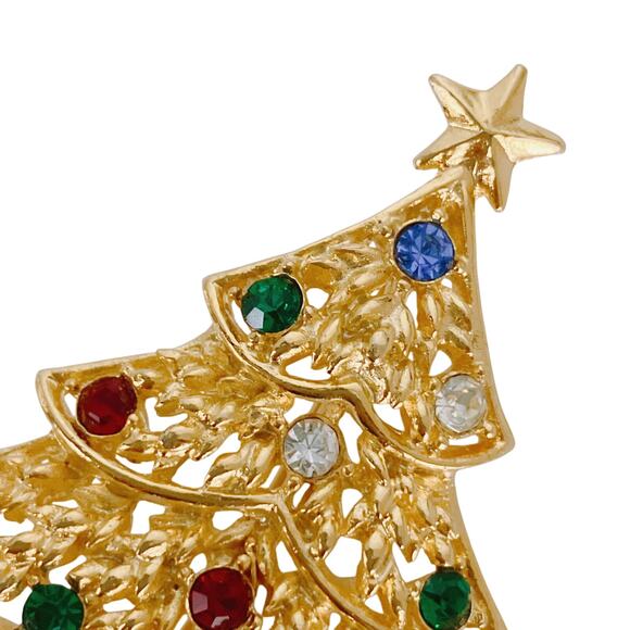 Christmas Tree Brooch Gold Tone Multi Color Rhinestone Festive Holiday Jewelry - Picture 4 of 9